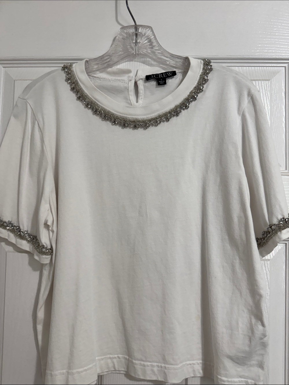 J. Crew White Short Sleeve Tee with Beaded Trim